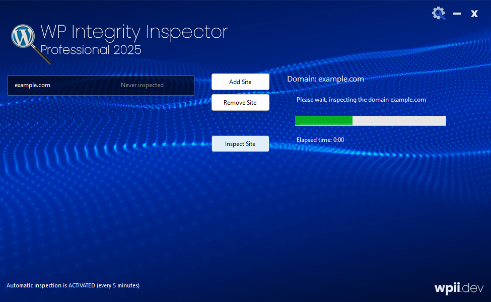 WP Integrity Inspector Tool screenshot - Site inspection