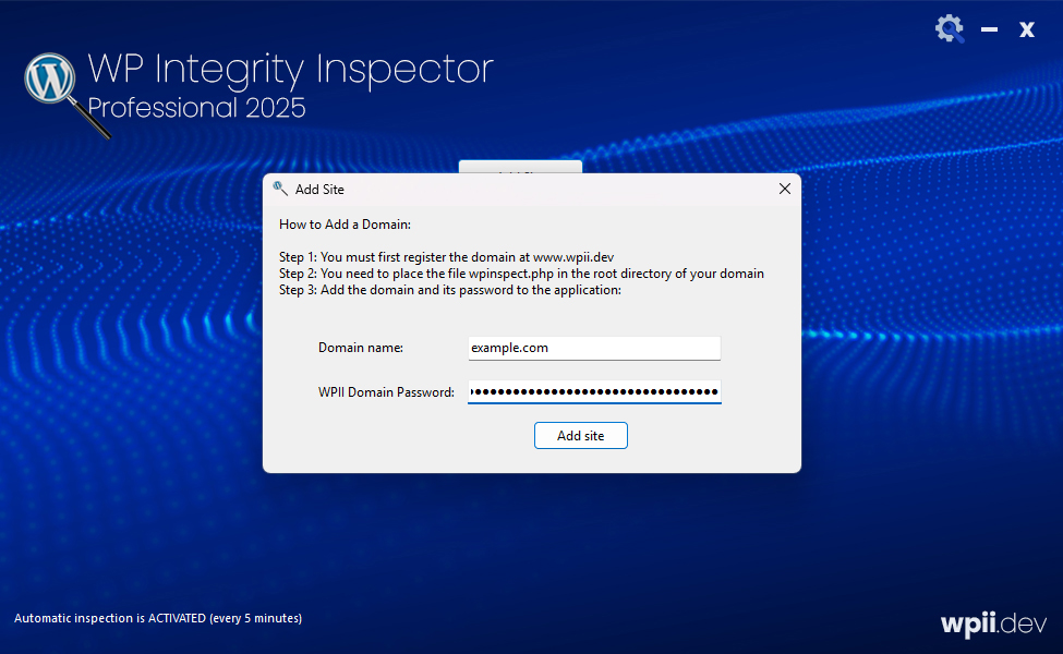 WP Integrity Inspector Tool - Add domain screenshot